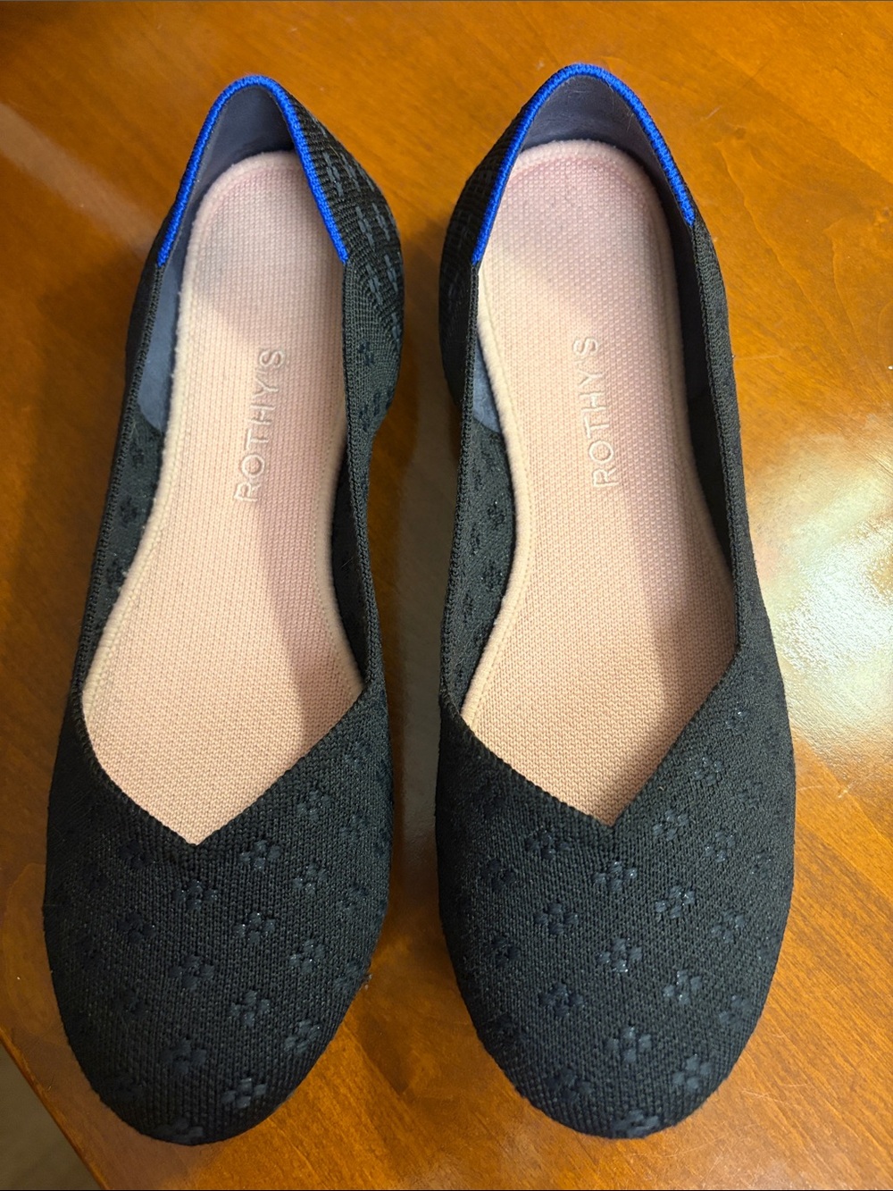 Rothy's Black Knit Ballet Flats, Pink Insoles and Blue Trim, fits more like a 9